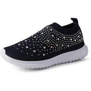 Women's Walking Shoes Rhinestone Glitter Slip On Ballroom Sneakers Dark Blue